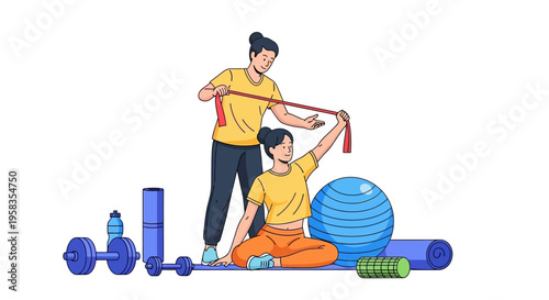 Personal Trainer Assisting Client with Stretching Exercise.