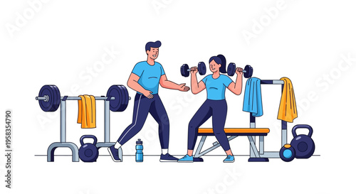 Personal trainer assisting woman with dumbbell workout.