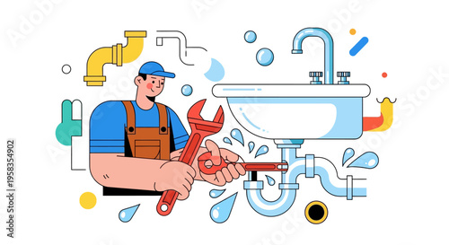 Plumber fixing a leaky sink with tools and pipes.