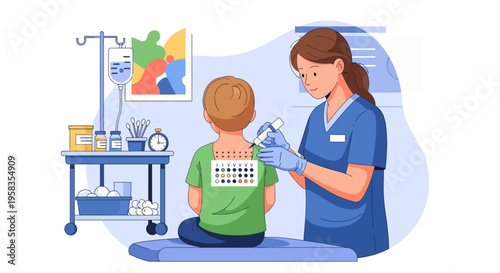 Pediatric allergy testing procedure performed by a nurse.