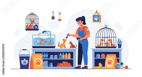 Pet Store Employee Feeding Adorable Puppies and Kittens.