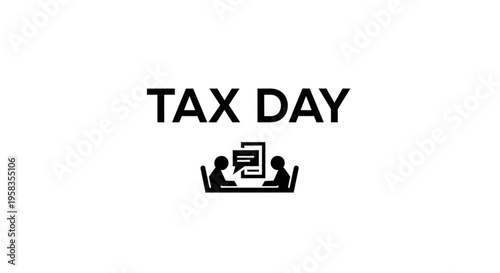 A minimalist vector graphic illustration of two people working on tax day with a computer and paperwork