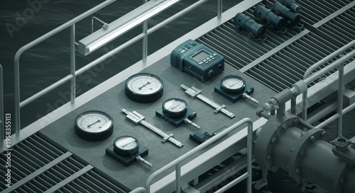 Industrial Gauges and Equipment on a Factory Floor Conveyor Belt.