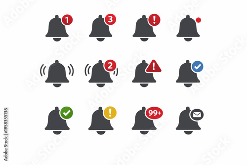 Notification icons set: various alert symbols with numbers and symbols