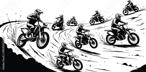 Action packed motocross race vector illustration featuring dirt bike riders competing on rugged terrain with mud splashes and jumps.