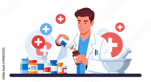 Pharmacist preparing medication with bottles and mortar.