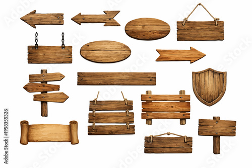 Variety of wooden signs and arrows for navigation and decoration