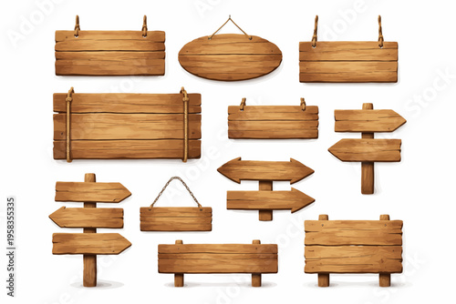 Collection of wooden signboards and directional arrows on white background