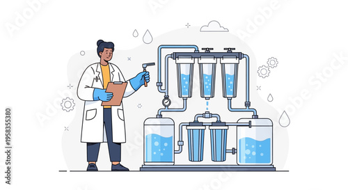 Scientist inspecting water purification system with filters.
