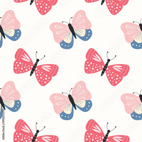 Seamless butterfly pattern in soft pastel colors. Cute decorative vector background, perfect for kids textiles, nursery design, wrapping paper, fabric, wallpaper.