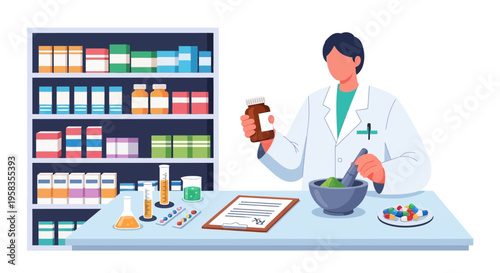 Pharmacist preparing medicine in a mortar and pestle.