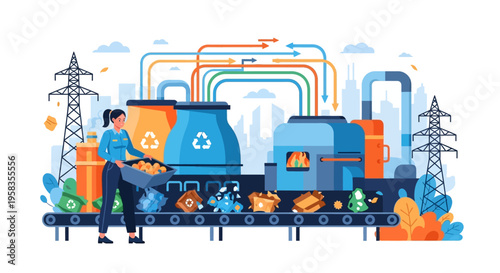 Recycling plant with conveyor belt and worker sorting waste.