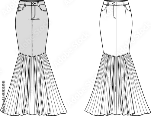 Technical fashion sketch of denim mermaid skirt with pleated flared hem, CAD drawing flat vector illustration, long maxi skirt mockup