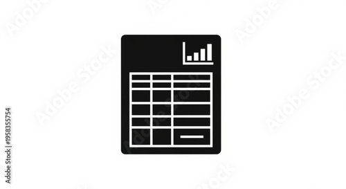 A black and white vector graphic of a spreadsheet icon with a bar chart