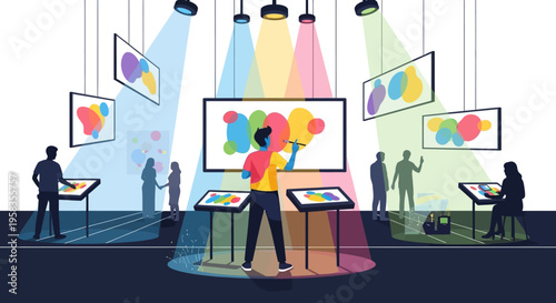 People interacting with digital art displays in a modern gallery.