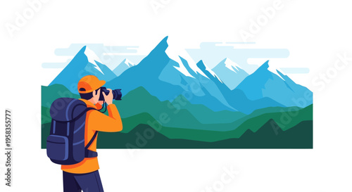 Photographer capturing mountain landscape with backpack.
