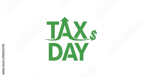 A green vector graphic illustration of a tax day logo with an arrow and dollar sign