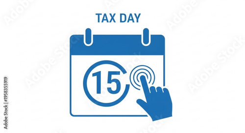 A blue vector graphic illustration of a calendar marking tax day on the 15th
