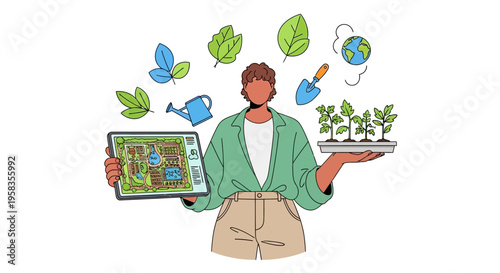Person holding tablet and plants with eco symbols.