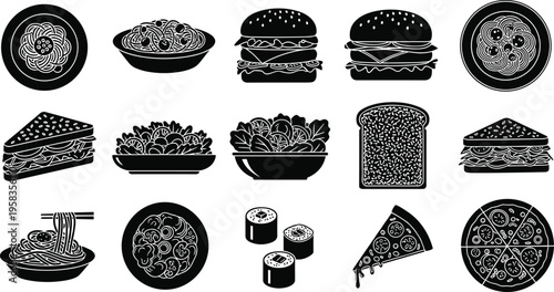 Black food silhouette icons set including pizza burger pasta sushi sandwich and cake for restaurant menu and fast food design.