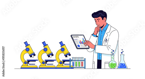Scientist Analyzing Data on Tablet in Laboratory Setting.