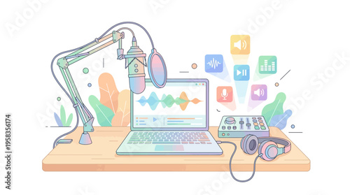 Podcast Recording Studio Setup with Laptop and Microphone.