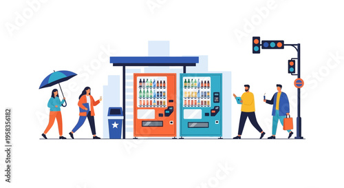 People walking past vending machines on a street.