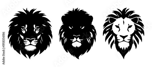 Lion head silhouette set with bold black silhouette shape featuring animal, wildlife, majestic with iconography and design