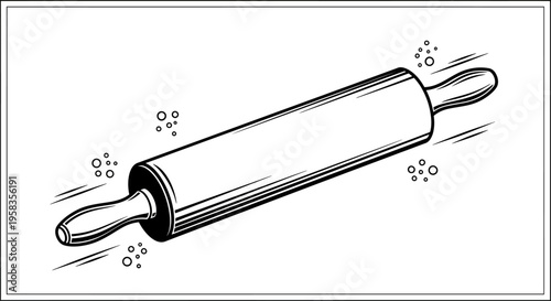 Simple illustration of a wooden rolling pin with flour particles.