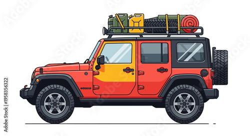 Red and yellow off road jeep loaded for adventure.