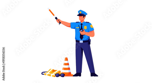 Police Officer Directing Traffic with Stop Sign and Cones.