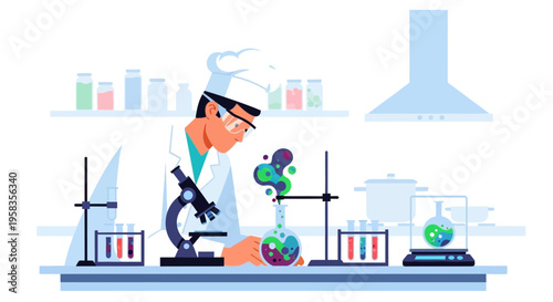 Scientist working in laboratory with microscope and chemicals.