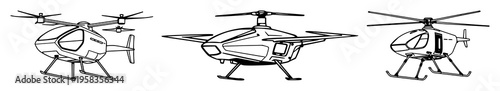 Minimalist line art of an electric vertical takeoff and landing (eVTOL) craft, urban air mobility, white background. set with simple line art design featuring outline, illustration, graphic element...