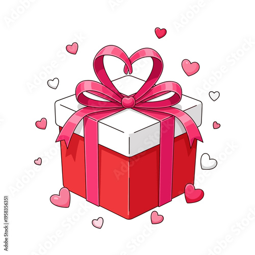 Red gift box with pink heart ribbon and floating hearts.
