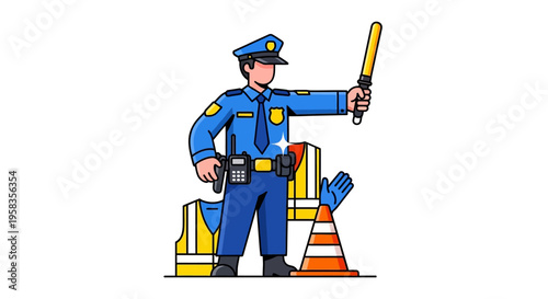 Police Officer Directing Traffic with Stop Stick.