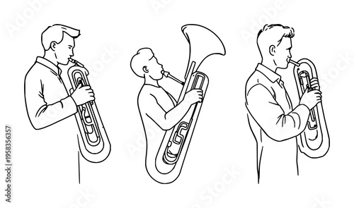 Tuba player set with continuous line drawing of a person playing a tuba featuring minimalist musical art, single black stroke, white background with line art and illustration