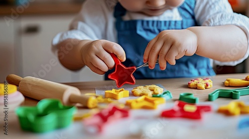 A child-sized kitchen set made of safe, chunky plastic in primary colors is arranged: a small rolling pin, cookie cutters, a nylon knife, a whisk, and a measuring cup