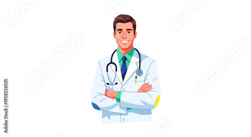 Smiling Doctor Wearing Stethoscope and Lab Coat.