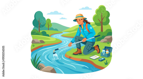 Scientist collecting water sample from river for analysis.