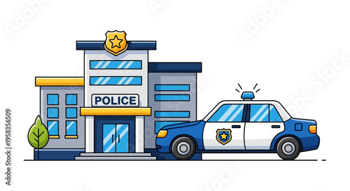 Police Station and Patrol Car Illustration.