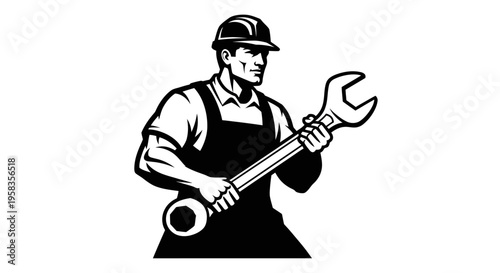 Skilled Professional Mechanic Holding Large Wrench Repairing Equipment.
