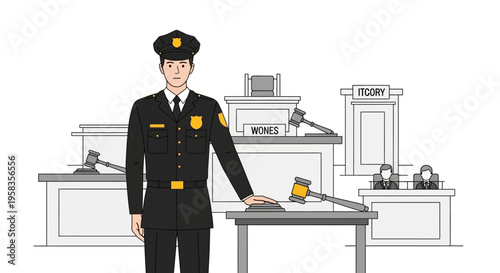 Police Officer Standing Proudly in Courtroom Setting.