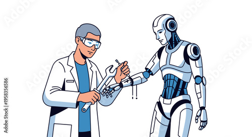 Scientist working on advanced robot arm in laboratory setting.