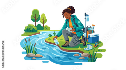 Scientist collecting water sample from river for analysis.
