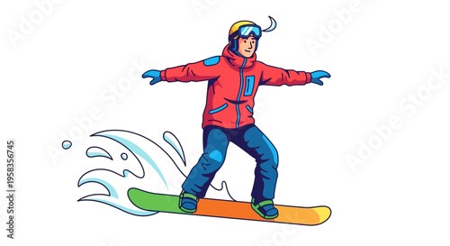 Snowboarder in action on a colorful board.