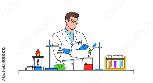 Scientist Conducting Chemical Experiment in Laboratory Setting.