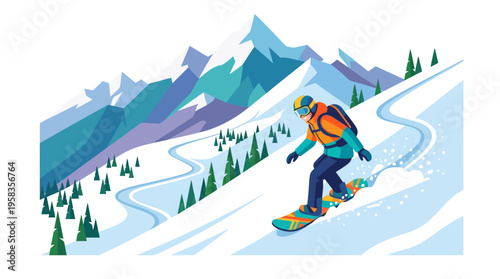 Snowboarder riding down a snowy mountain slope.