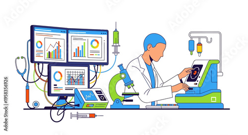 Scientist working with advanced medical technology and data analysis.