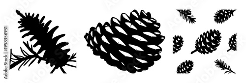 Pinecone silhouette set with simple black line illustration featuring pinecone, nature, tree with evergreen and conifer