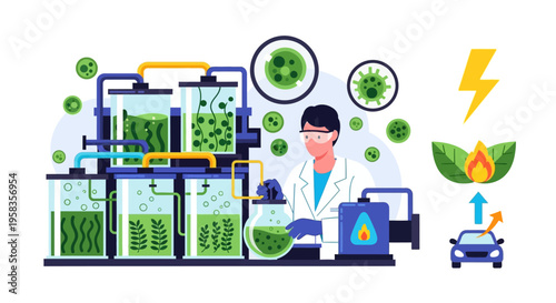 Scientist working with algae bioreactor for biofuel production.